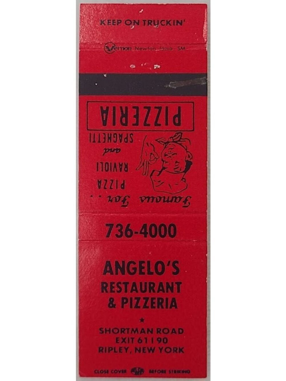 Vintage Matchbook Cover Angelo's Restaurant Pizzeria Ripley NY Pizza